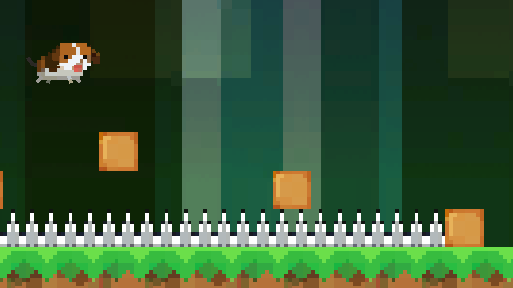dodoriko in-game scene -- a pixel dog leaping across platforms